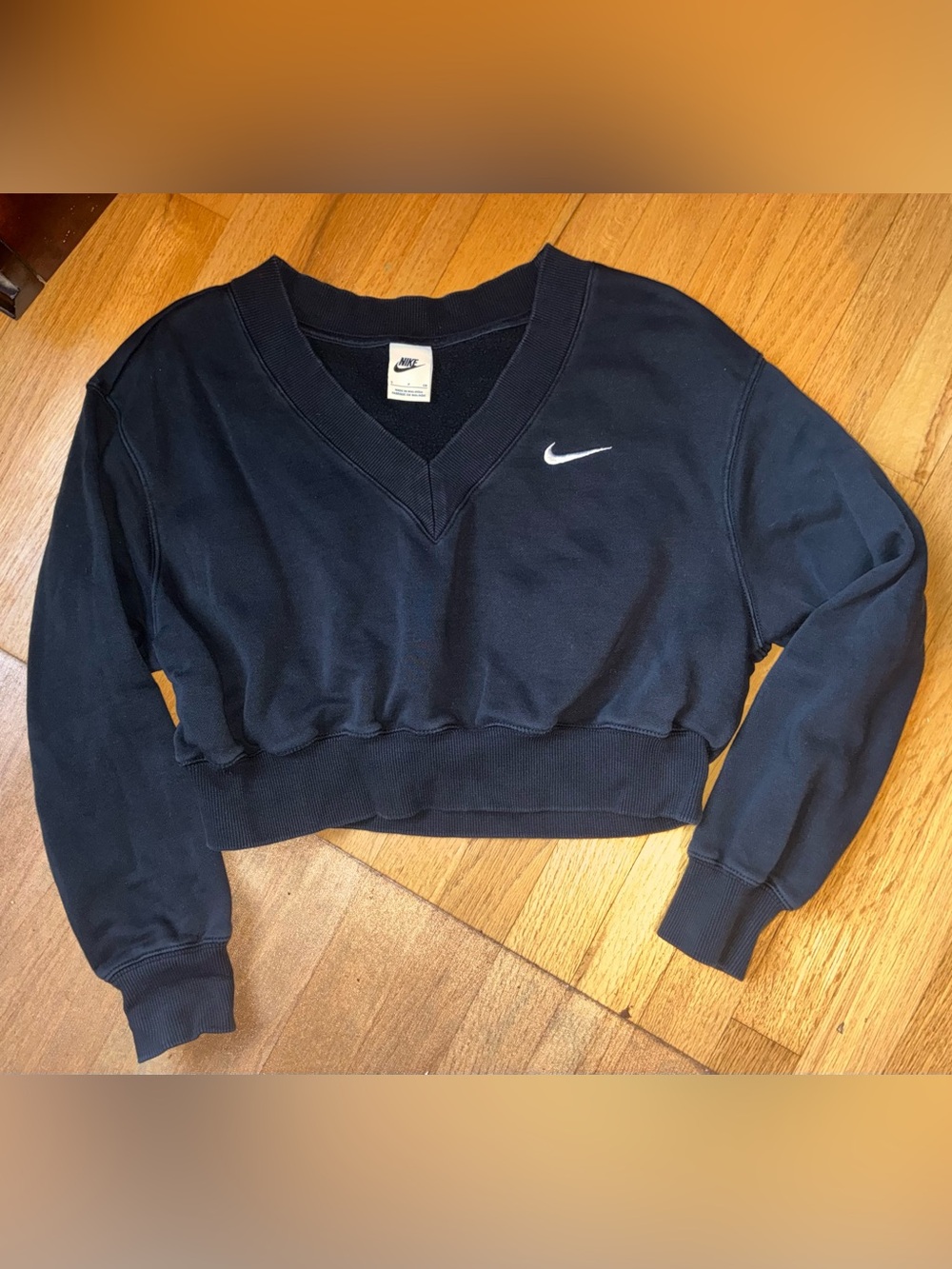 Nike Black V-Neck Cropped Sweatshirt with White Swoosh Tag